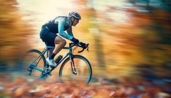 een vastbesloten mannetje atleet races door de Woud Aan zijn fiets generatief ai foto