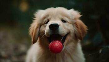 schattig puppy spelen met speelgoed, tong uit, genieten van natuur schoonheid generatief ai foto