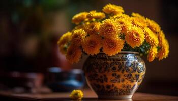 een rustiek klei vaas houdt een wilde bloemen boeket Aan een houten tafel gegenereerd door ai foto