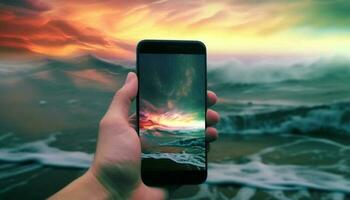 Mens Holding portable apparaat vangt zonsondergang schoonheid met tintje scherm gegenereerd door ai foto