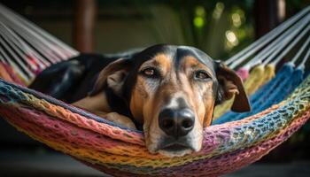 rasecht puppy en gemengd ras hond spelen buitenshuis in hangmat gegenereerd door ai foto