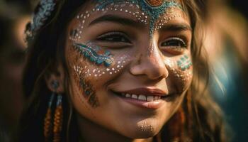 Afrikaanse meisje met gezicht verf geniet traditioneel festival buitenshuis, glimlachen generatief ai foto