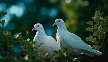 twee vogelstand neerstrijken Aan tak, symbool van liefde en vrede gegenereerd door ai foto