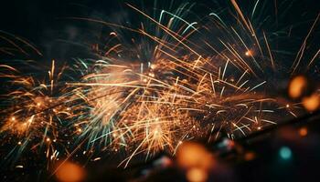 explosief vuurwerk licht omhoog de nacht lucht in levendig kleuren gegenereerd door ai foto