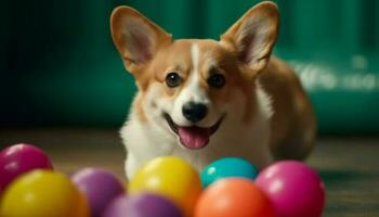een speels terriër puppy met een geel bal binnenshuis glimlachen gegenereerd door ai foto