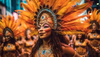 blij samba dansers in traditioneel kostuums vieren braziliaans cultuur buitenshuis gegenereerd door ai foto