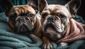 een schattig Frans bulldog puppy slapen Aan een verwend bed buitenshuis gegenereerd door ai foto