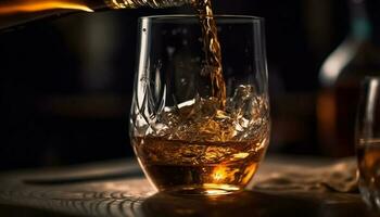 een luxueus bar teller met bril van whisky gieten uit gegenereerd door ai foto