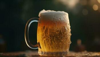 een schuimig laten vallen van verkoudheid bier in een goud pint glas gegenereerd door ai foto