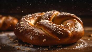 vers gebakken geheel tarwe bagels, een rustiek fijnproever tussendoortje gegenereerd door ai foto