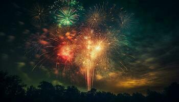 explosief vuurwerk ontbranden levendig viering, verhelderend donker zomer nachten gegenereerd door ai foto