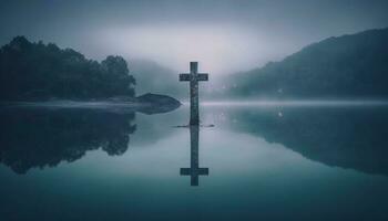 silhouet van kruis in mistig berg reeks symboliseert Christendom mysterie gegenereerd door ai foto