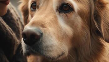 schattig rasecht puppy zittend buitenshuis, op zoek Bij camera met loyaliteit gegenereerd door ai foto