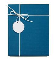 blauw karton geschenk doos met een deksel en een label Aan een wit geïsoleerd achtergrond, top visie foto