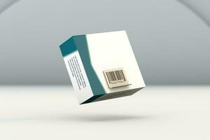 pharma doos drijvend met wit etiket en bar code foto
