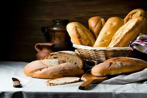 een mand van brood is getoond met een mand vol van brood. foto