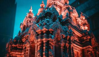majestueus pagode verlichte met levendig multi kleuren gegenereerd door ai foto