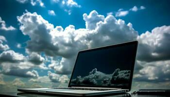 draadloze laptop verbindt naar wolk in lucht gegenereerd door ai foto