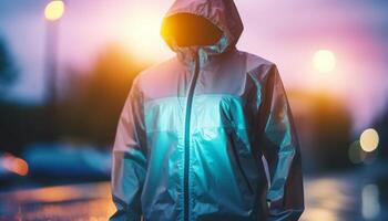 mannen in beschermend werkkleding wandelen in de regen gegenereerd door ai foto