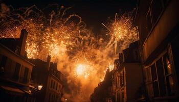 gloeiend vlammen ontbranden levendig vuurwerk Scherm Bij nacht gegenereerd door ai foto