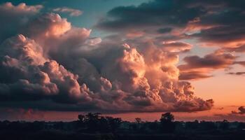 levendig zonsondergang lucht silhouetten rustig boom schoonheid gegenereerd door ai foto