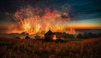 gloeiend vuurwerk verlichten de zomer nacht lucht gegenereerd door ai foto