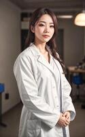 foto van mooi Aziatisch vrouw in wit laboratorium jas, generatief ai