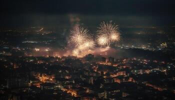 explosief vuurwerk verlichten stad horizon Aan nieuw jaar gegenereerd door ai foto