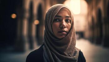 jong Dames op zoek Bij camera in stad gegenereerd door ai foto