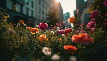 levendig wilde bloemen bloeien in de weide zonsondergang gegenereerd door ai foto