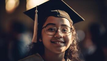 glimlachen schoolmeisje staand in voorkant van school- gebouw gegenereerd door ai foto