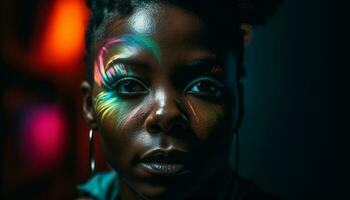mooi Afrikaanse vrouw met gloeiend gekruld haar- gegenereerd door ai foto