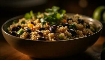 gezond salade kom met quinoa, groenten, en fruit gegenereerd door ai foto
