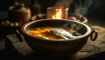 fijnproever zeevruchten stoofpot gekookt Aan Open vlam gegenereerd door ai foto