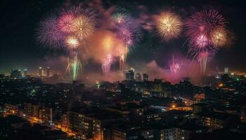vuurwerk verlichten stedelijk horizon Bij nacht gegenereerd door ai foto