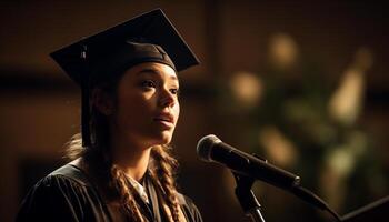 jong vrouw behaalt succes Aan diploma uitreiking dag gegenereerd door ai foto