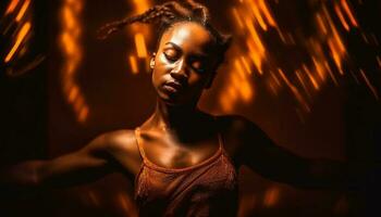 jong Afrikaanse vrouw lachend, dansen in nachtclub gegenereerd door ai foto