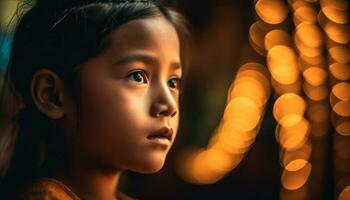 schattig kind glimlachen in donker, verlichte portret gegenereerd door ai foto