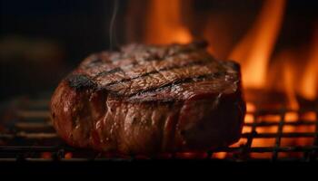 gegrild steak Aan metaal rooster, klaar naar eten gegenereerd door ai foto