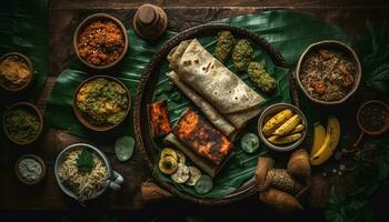 fijnproever rundvlees taco Aan houten tafel met guacamole gegenereerd door ai foto