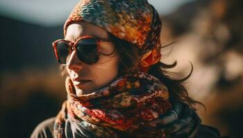 jong vrouw in zonnebril glimlachen in natuur gegenereerd door ai foto