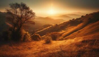 majestueus berg reeks terug lit Bij zonsondergang gegenereerd door ai foto