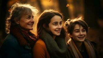 groep van glimlachen vrienden genieten van herfst buitenshuis gegenereerd door ai foto