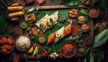 fijnproever maaltijd met vers vlees, guacamole, en rijst- gegenereerd door ai foto