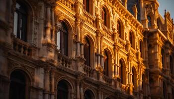 majestueus zandsteen gebouw, verlichte Bij schemer gegenereerd door ai foto