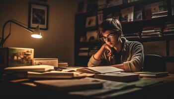 Kaukasisch leerling lezing leerboek in verlichte bibliotheek gegenereerd door ai foto