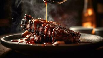 gegrild varkensvlees steak, hartig saus, rustiek bord gegenereerd door ai foto