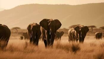 Afrikaanse olifant kudde begrazing in sepia afgezwakt savanne gegenereerd door ai foto