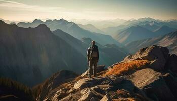 een persoon staand Aan majestueus berg top gegenereerd door ai foto