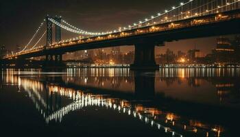 verlichte suspensie brug weerspiegelt Bij schemer gegenereerd door ai foto